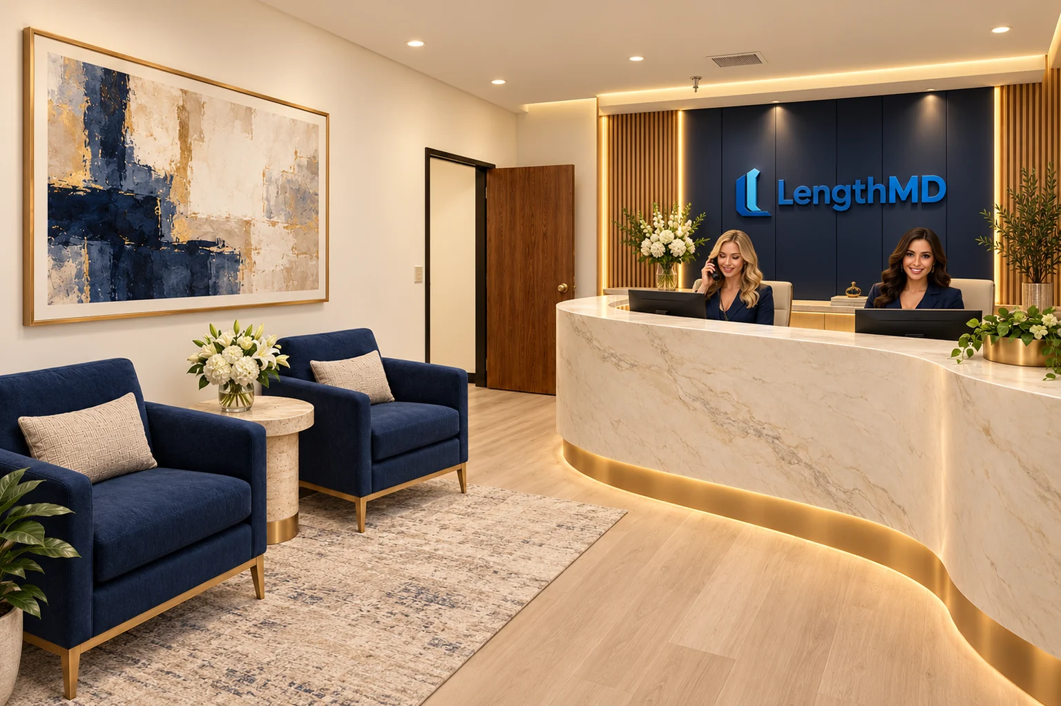 AI-generated reception design concept with a curved stone counter, navy lounge chairs, and two fictional receptionists.